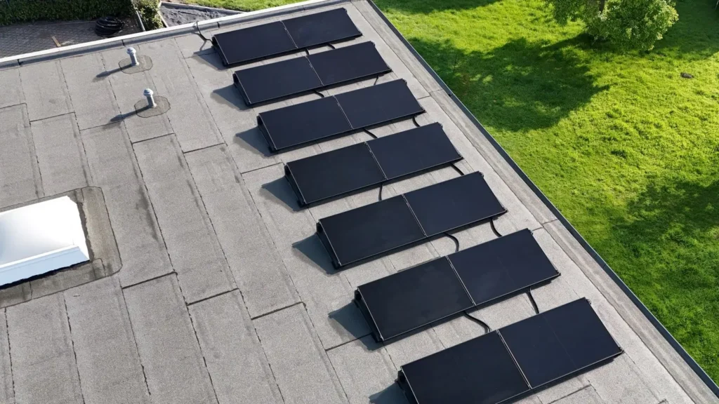 Luftaufnahme einer Photovoltaikanlage, die auf dem Dach eines Gebäudes montiert ist