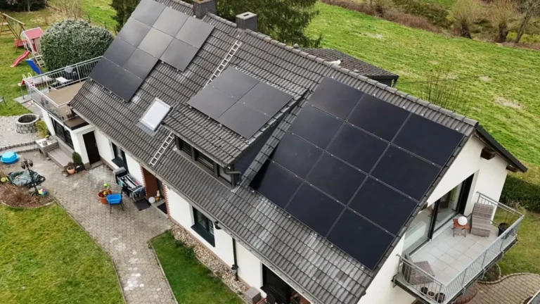 Luftaufnahme einer Photovoltaikanlage, die auf dem Dach eines Gebäudes montiert ist