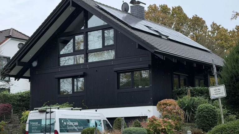 Aufnahme einer Photovoltaikanlage, die auf dem Dach eines Gebäudes montiert ist, von unten aus gesehen